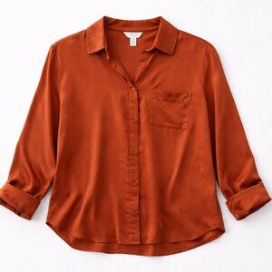 Allison Taylor Woman 100% silk button top burnt orange rust 1X plus Boho classic